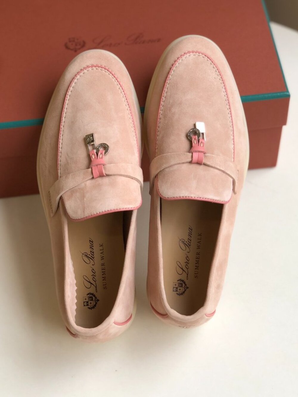 Loro Piana Sand Pink Stitched Loafers - Picture 2 of 8